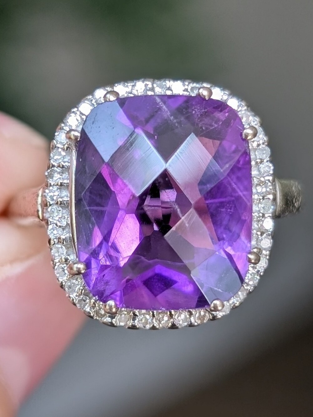 10K White Gold Amethyst Cocktail Ring With Diamond Halo